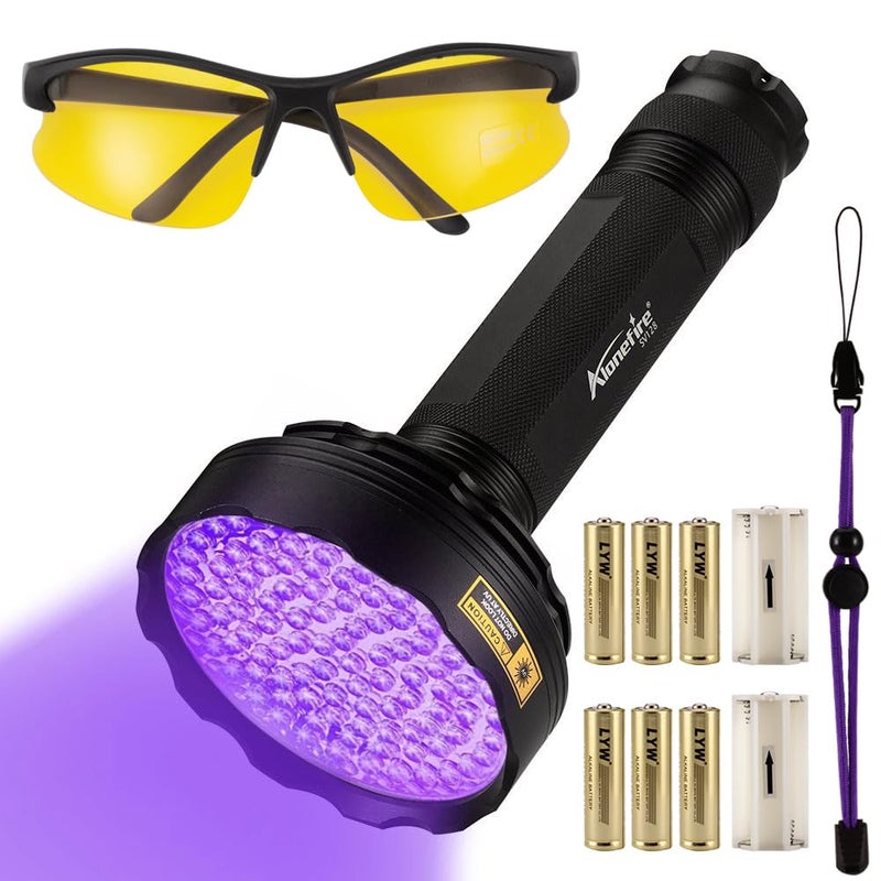 Alonefire SV128 395nm UV Flashlight 128 LEDs Woods Lamp Ultraviolet Black Light for Pet Urine Detection, Scorpion Detection, Dry Stain, Bedroom, Fishing with UV Protective Glasses, 6PCS AA Battery - Image 1